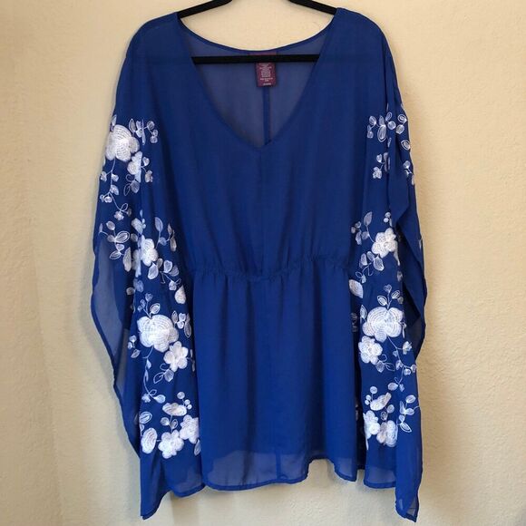 Beverly Drive Tunic Top Womens Size 20-22 Blue White Sheer Embroidered Kaftan - Picture 1 of 10
